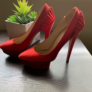 Red Satin High Heel Pumps